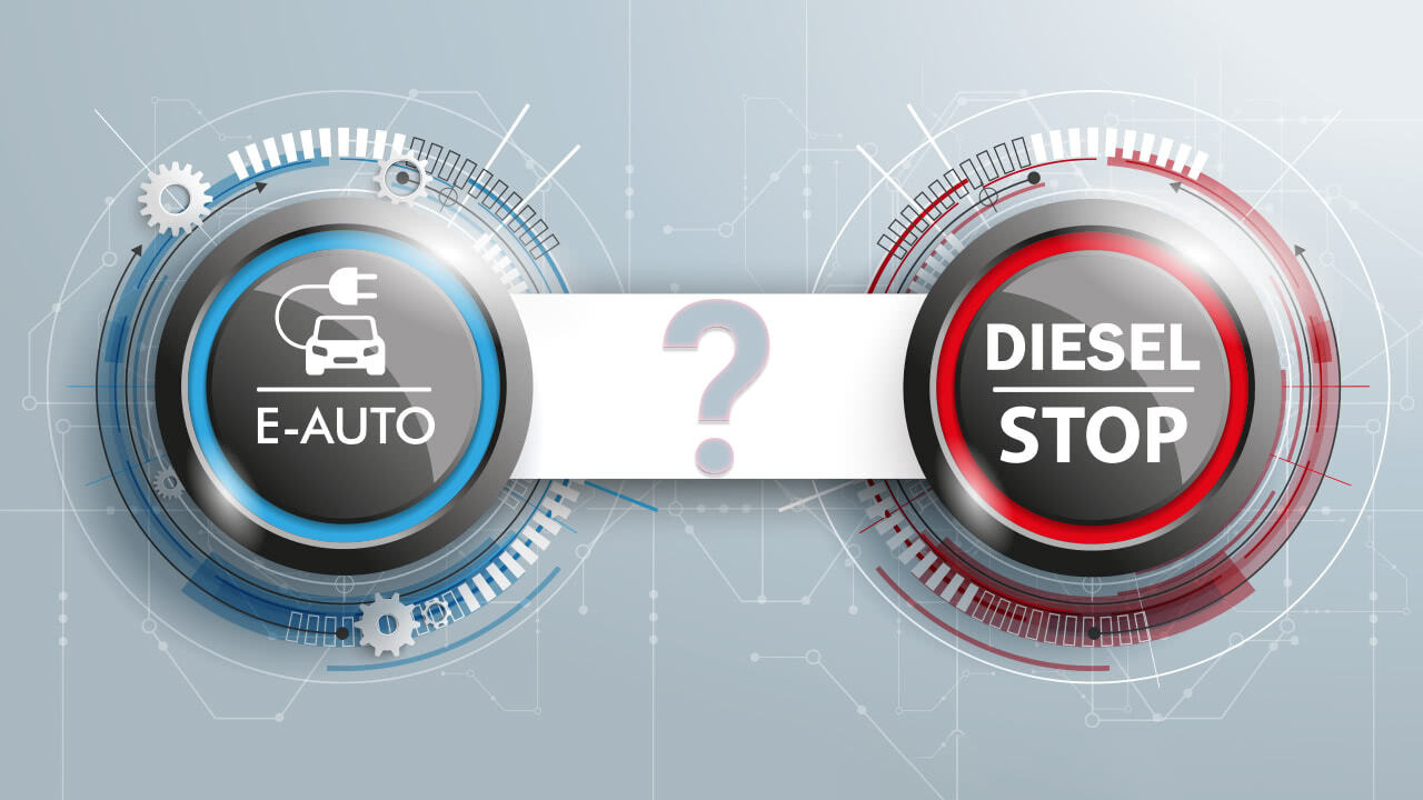 Symbole zeigen die Wahl zwischen E-Auto oder Diesel.